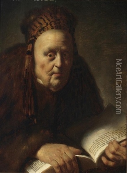 A Portrait Of An Old Woman Holding A Book Oil Painting - Isaac De Joudreville