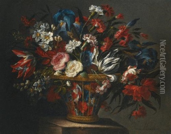 Still Life With Flowers, Including Roses, Narcissi, Peonies, Blue Irises And Variegated Tulips, In A Wicker Basket Set Upon A Stone Plinth Oil Painting - Juan De Arellano