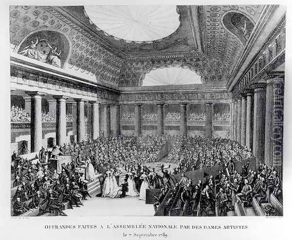 Offerings Made to the National Assembly in the Salle des Menus-Plaisirs by Women Artists, 7th September 1789, engraved by Pierre Gabriel Berthault 1737-1831 Oil Painting - Prieur, Jean Louis, II