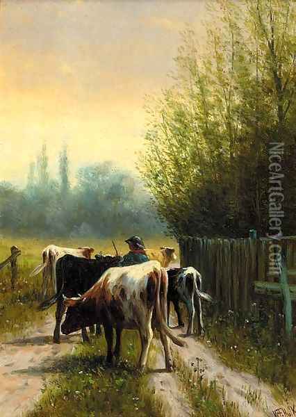 A drover herding cattle on a country track Oil Painting - William Frederick Hulk