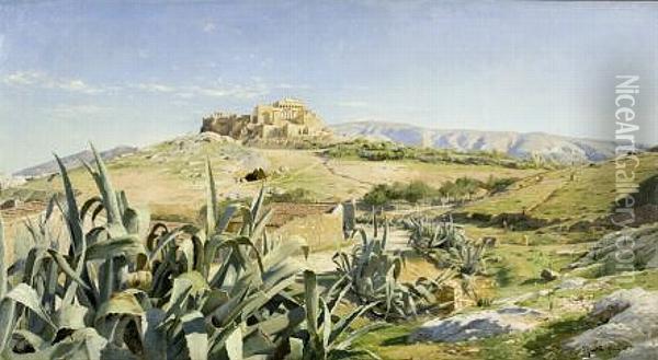 View Of The Acropolis From The Observatory,athens Oil Painting - Peder Mork Monsted
