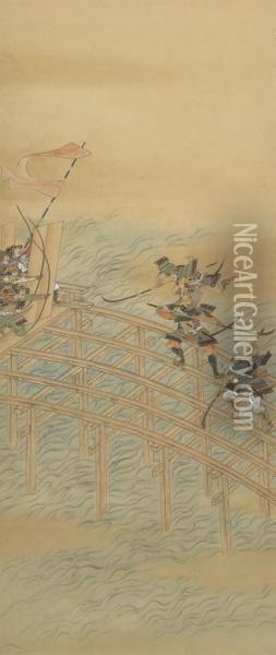Battle At Uji Bridge Oil Painting - Iwasa Matabei