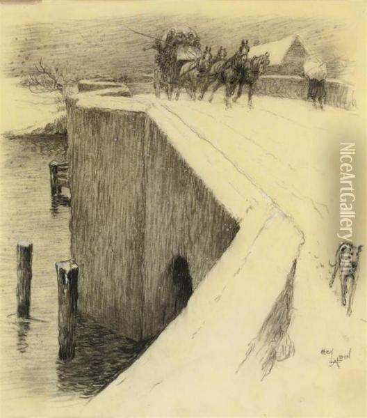 The Stagecoach Crossing A Snow Covered Bridge Oil Painting - Cecil Charles Aldin