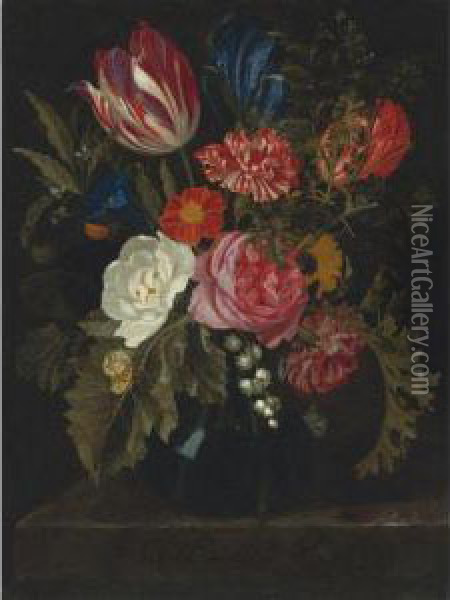 Still Life Of Roses, Carnations, A Tulip And Other Flowers In Aglass Vase Oil Painting - Maria van Oosterwyck