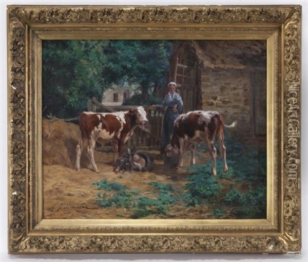 Untitled (woman With Cattle And Chickens) Oil Painting - Cyprien Louis Pierre Edmond Levavasseur