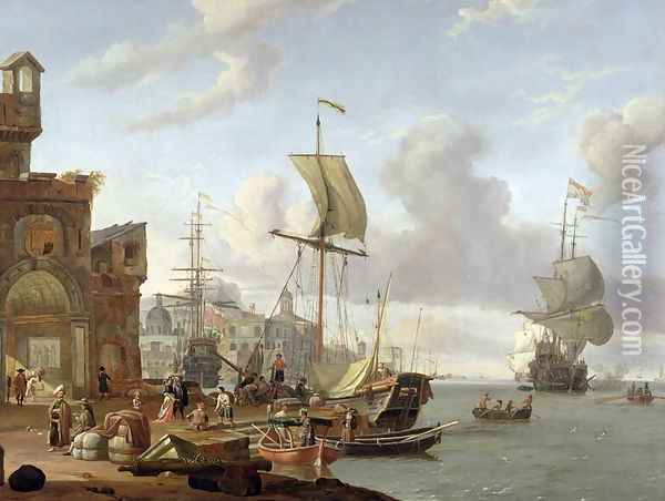 A capriccio Mediterranean harbour scene, 1678 Oil Painting - Abraham Storck
