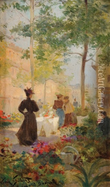 Elegante Au Marche Aux Fleurs (pochade) Oil Painting - Victor Gabriel Gilbert