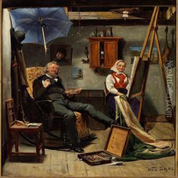 Interior With The Painter And His Model Oil Painting - Waldemar Knut Gustaf Tode
