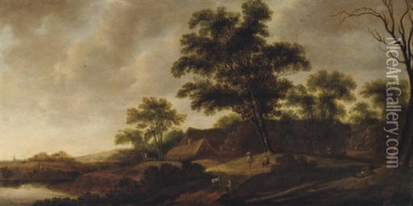 A Wooded River Landscape With Figures On A Track, A Hamlet Nearby Oil Painting - Pieter Jansz van Asch