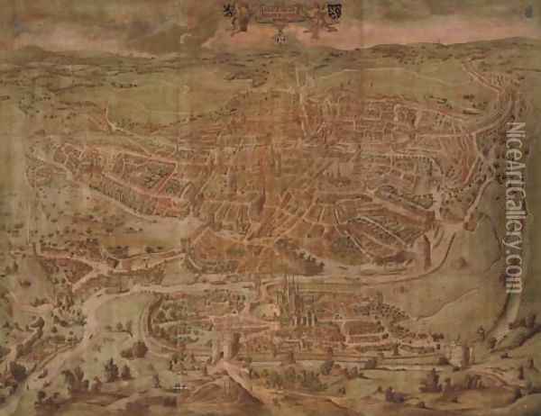 A Birds Eye view of the City of Ghent 1434 (Ganda Gallie Belgice Civitas Maxima 1434) Oil Painting - Continental School
