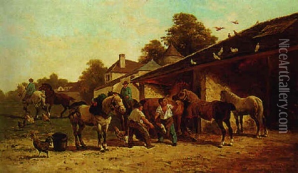 Horses By The Stables Oil Painting - Karl Cartier