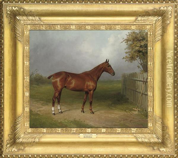 The Polo Pony 'red Letter', With Polo Sticks Leaning Against Afence Oil Painting - Percy Earl