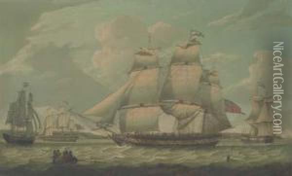 A Ship In Three Positions In The Mersey Estuary Oil Painting - Robert Salmon