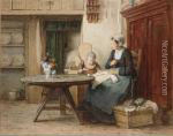 A Cottage Interior With Mother And Child Doing Needlework Oil Painting - Hendrik Valkenburg