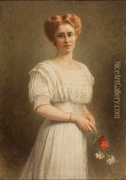 Portrait Einer Jungen Frau Im Weisen Spitzenkleid Mit Nelken Oil Painting - Theodor Von Der Beek