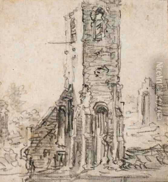 La tour d'une eglise en ruines à Eik-en-Duinen Oil Painting - Jan van Goyen
