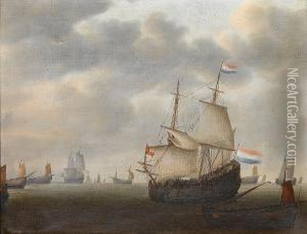Dutch Shipping In A Calm Oil Painting - Hieronymous Van Diest