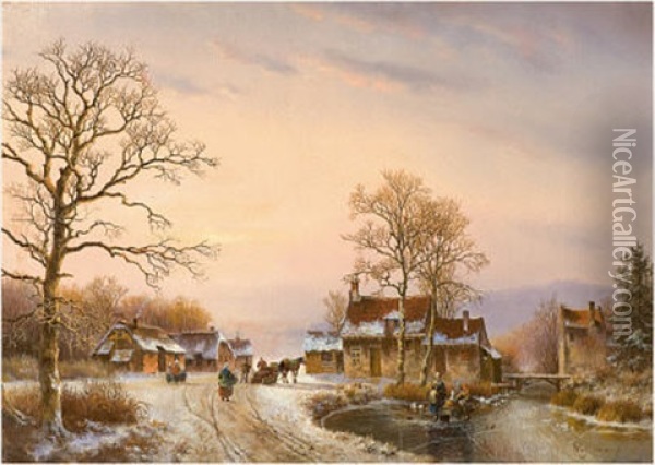 In Stimmungsvoller Abenddammerung Eine Verschneite Dorfstrase Mit Gefrorenem Weiher Oil Painting - Willem Bodemann