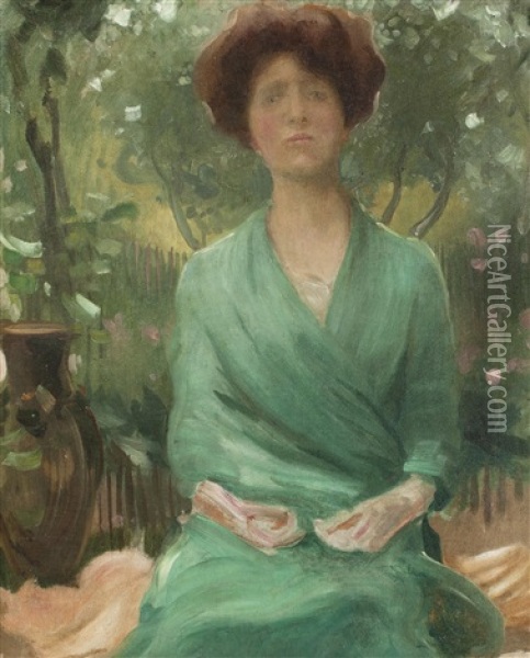 Lady In A Green Dress Oil Painting - Frantisek Dvorak