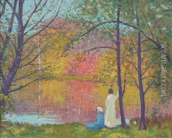 Two Figures By A River Oil Painting - George Raab