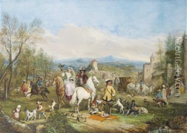 Vornehme Gesellschaft Reitet Von Einem Schloss Aus Zur Jagd Oil Painting - Henry Andrews