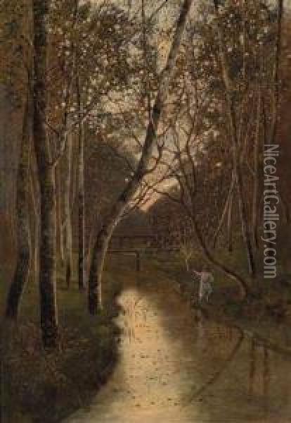 Woodland Landscape With Fishermanon The Riverbank Oil Painting - Kalaman Mesterhazy