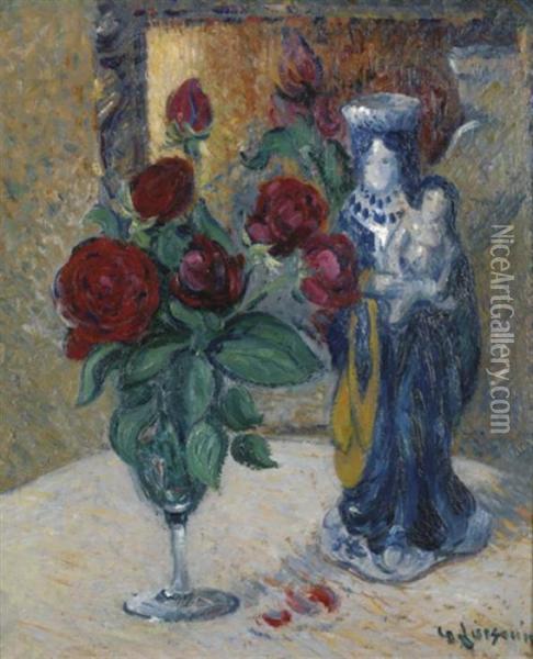 Statuette Et Roses Dans Un Verre Oil Painting - Gustave Loiseau
