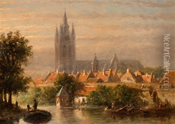 View Of Delft With The Oude Kerk In The Background Oil Painting - Pieter Gerardus Vertin