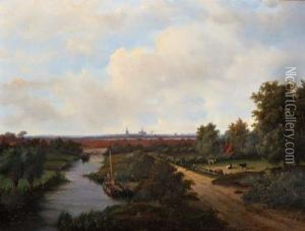 Weids Zomerlandschap Met Haarlem Aan Dehorizon Oil Painting - Johannes Josephus Van Mulken