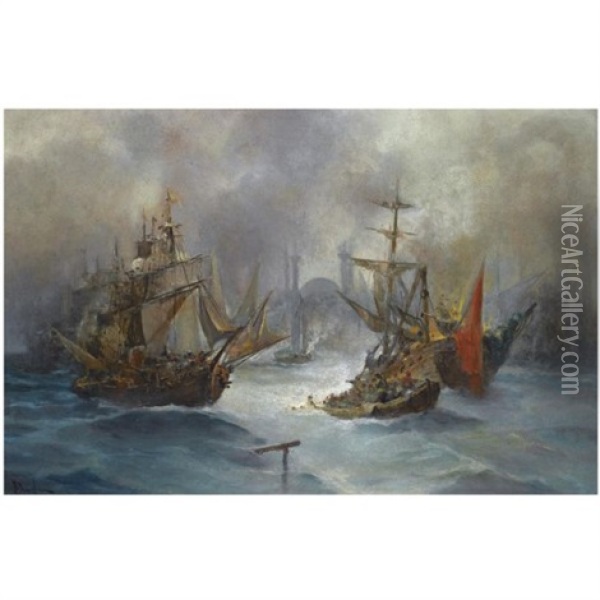 Ships Off The Coast Of Constantinople Oil Painting - Vasilios Chatzis
