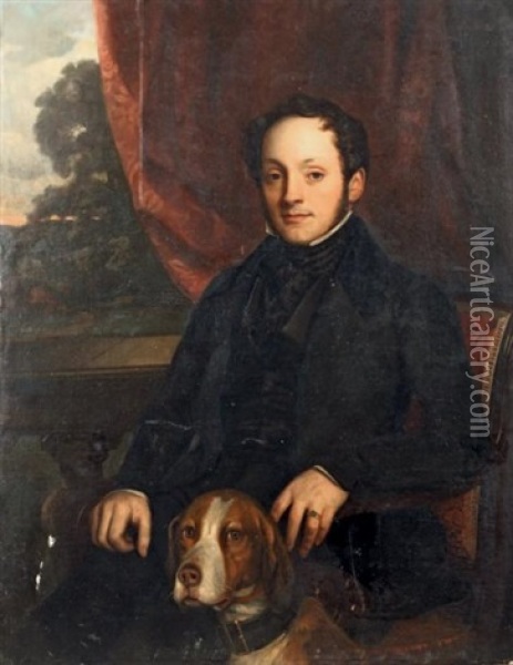 Portrait D'homme Assis Accompagne De Son Chien Oil Painting - Adolf D. Rinck