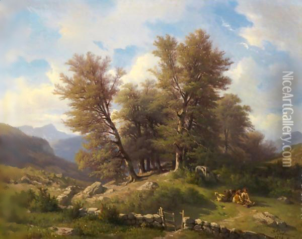 Paysage Avec Bergers Sous Arbres, 1858 Landscape With Herdsman Below Trees, 1858 Oil Painting - Francois Diday