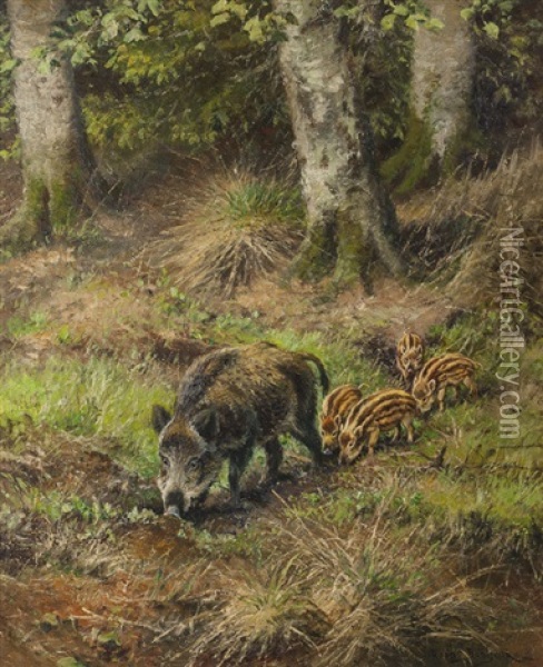 Wild Boar With Piglets Oil Painting - Rosa Bonheur