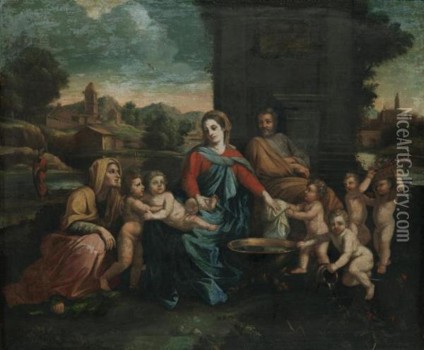 Landskap Med Den Heliga Familjen Och St. Anna Oil Painting - Francesco Albani
