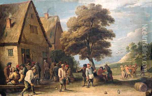 Boors playing ringball by an inn in a landscape Oil Painting - David The Younger Teniers