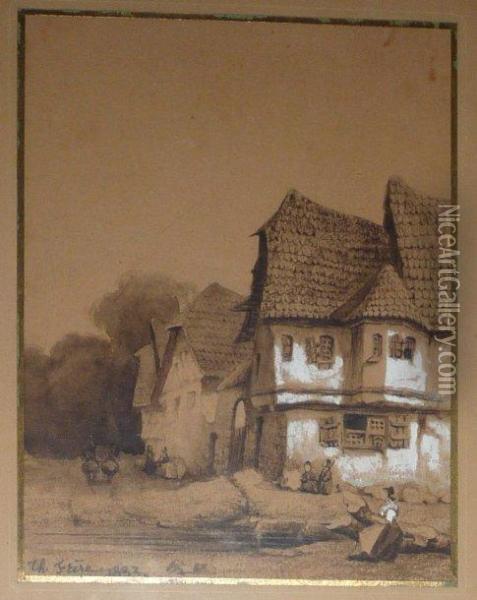 Village Oil Painting - Ch. Theodore, Bey Frere