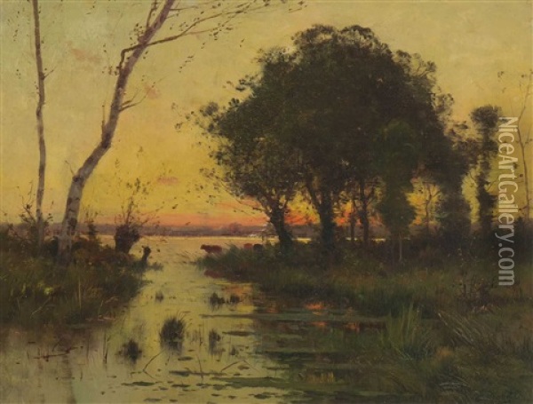 Uferlandschaft Im Abendlicht Oil Painting - Ernest Mollet
