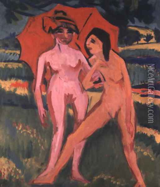 Two Women under a Red Umbrella Oil Painting - Ernst Ludwig Kirchner