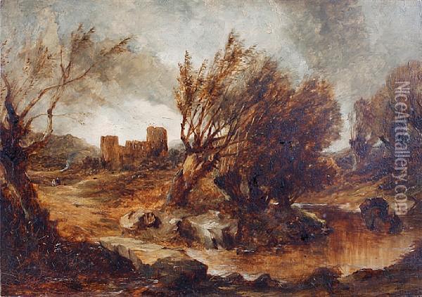 Ruins In A River Landscape Oil Painting - Frederick Lee Bridell