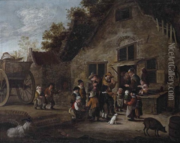 Peasants Outside A Farmhouse Listening To A Group Of Musicians Oil Painting - Cornelis Beelt