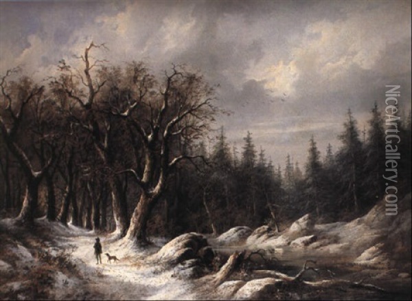 Vinterlandskab Med Jaeger Med Sin Hund Oil Painting - Edouard Boehm