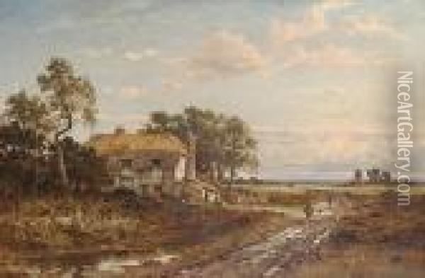 A Worcestershire Roadside Cottage Oil Painting - Benjamin Williams Leader