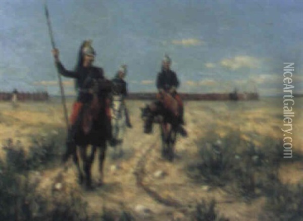 Franska Kavallerister, I Bakgrunden Uppstalld Har Oil Painting - Etienne Prosper Berne-Bellecour