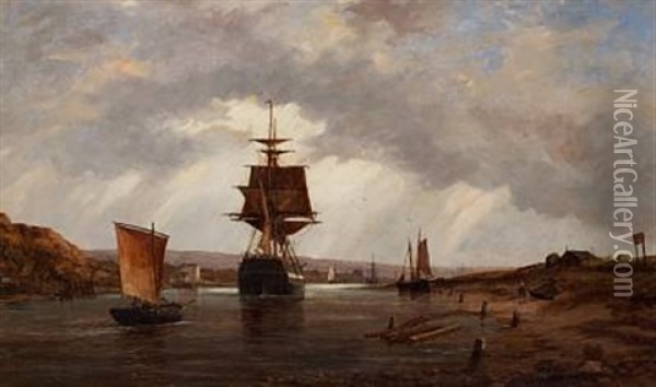 Ships On A River Oil Painting - Richard Henry Nibbs