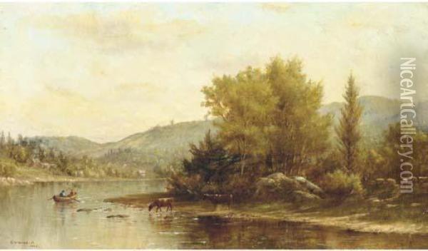 A River Landscape With Figures In A Boat And Cattle Watering Oil Painting - Kate W. Newhall