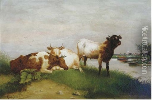 A Cow And A Calf On A Riverbank Oil Painting - Hugh Bolton Jones