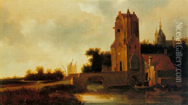 River Landscape With A Watergate Oil Painting - Wouter Knijff