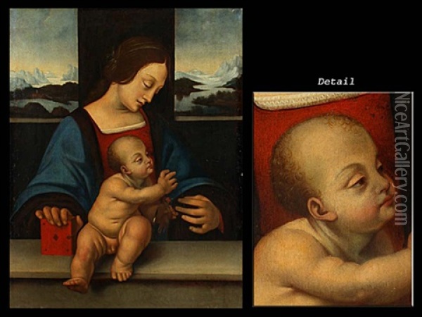 Madonna Mit Dem Kind Vor Einem Fenster Mit Ausblick Auf Eine Gebirgige Landschaft Mit Flusstal Oil Painting - Giovanni Antonio Boltraffio