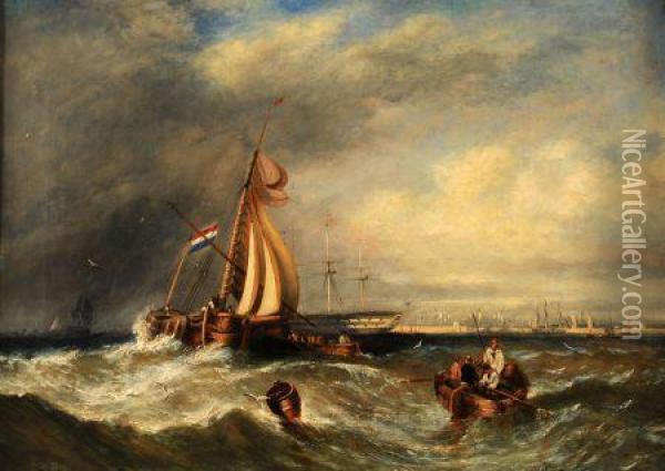 Fishing Boats Off A Harbour Oil Painting - William Calcott Knell
