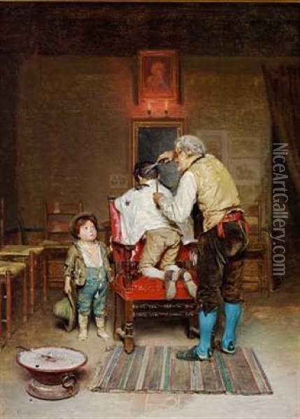 A Little Boy Is Getting A Haircut Oil Painting - Vilhelm Rosenstand